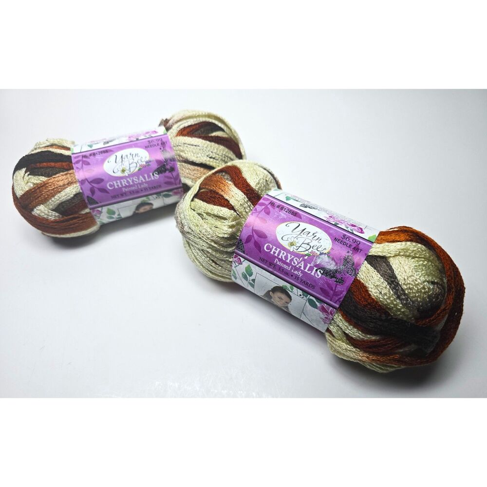 Yarn Bee Chrysalis Painted Lady Yarn 2 Skeins Acrylic Crochet Ribbon Brown Cream